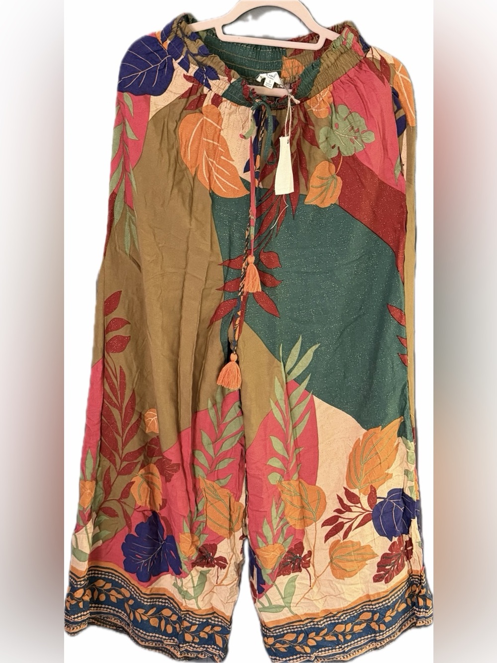 Tropical Floral Wide-Leg Pants in Green, Coral & Mustard